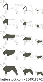 Dog Apparel. A Showcase of Canine Clothing Style for Giant, medium and small breeds. Outline vector set