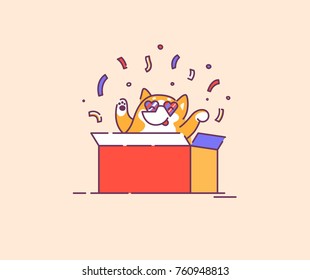 Dog appears from a box. Flat vector illustration