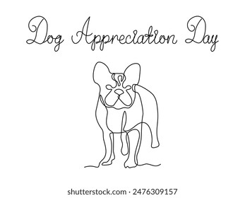 dog appreciation day. dog, continuous single line art drawing sketch, logo bulldog