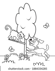 The dog arrives at the cat in the tree. Funny vector illustration. Coloring book for children.