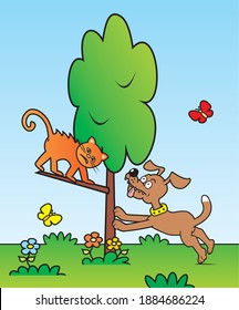 The dog arrives at the cat in the tree. Funny vector illustration.