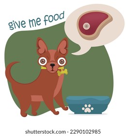 Dog asks for food, chihuahua wants to eat, thoughts about meat, vector image, clipart, sketch, sticker, banner
