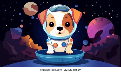 dog astronaut flying in space. Vector illustration for postcard, banner, web, art design.	