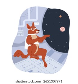 Dog astronaut flying in zero gravity near porthole with view of outer space with planets and stars. Weightless puppy in glasses and suit inside spaceship rocket interior cartoon vector illustration