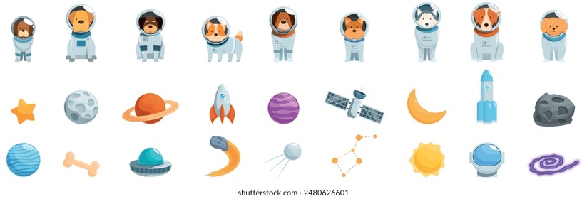 Dog astronaut icons set. Collection of cute dogs in spacesuits, accompanied by planets, rockets, and other space related elements