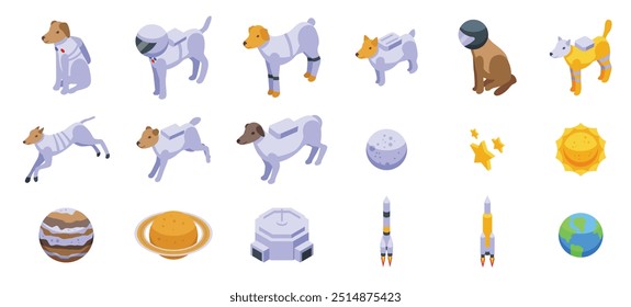 Dog astronaut icons set. Space dogs wearing astronaut suit exploring galaxy elements set isometric icons