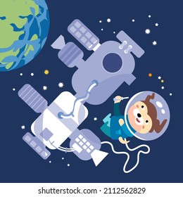 Dog astronaut near space station. Character in cartoon style. Vector illustrations, full color.