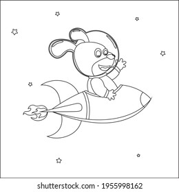Dog astronaut play with his rocket. Animal in outer space. Vector hand-drawn coloring children's illustration. Creative vector Childish design for kids activity colouring book or page.