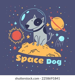 Dog astronaut space character cute animal print cartoon doodle style concept. Vector graphic design illustration