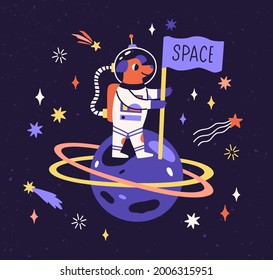 Dog astronaut in space suit on planet with flag. Cute funny animal traveling in cosmos. Puppy cosmonaut in spacesuit. Childish colored flat vector illustration of doggy in universe