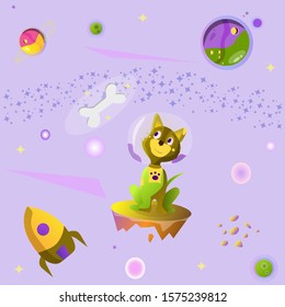 Dog astronaut in spacesuit floating in outer space looking at the bone. Planets, rocket and stars around. Gradient Vector stock illustration.