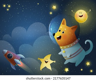 Dog astronaut with stars and sun or moon and rocket in cosmos, cute childish animal cartoon for kids. Dreams about cosmos and outer space design for children. Vector animals in space illustration.