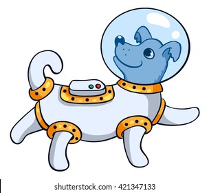The dog in the astronaut's space suit. Vector cartoon illustration. Isolated on white.