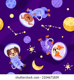 Dog Astronauts in space suits Seamless pattern. Universe wallpaper for wrapping paper or kids print vector texture. Cute pets with planets moon stars in open space. Vector Cartoon illustration
