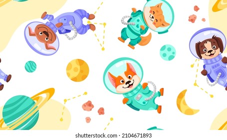 Dog Astronauts in space suits Seamless pattern. Universe wallpaper for wrapping paper or kids print vector texture. Cute pets with planets moon stars in open space. Vector Cartoon illustration
