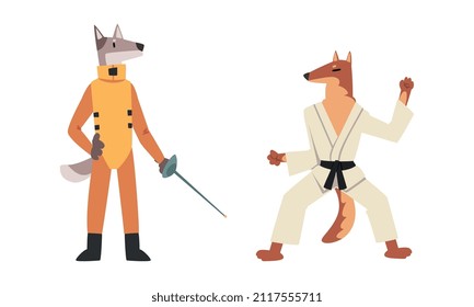 Dog Athlete in Sportswear Doing Karate in Kimono and Fencing Vector Set