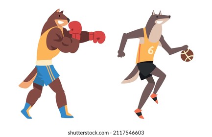 Dog Athlete in Sportswear Playing Basketball and Boxing in Gloves Vector Set