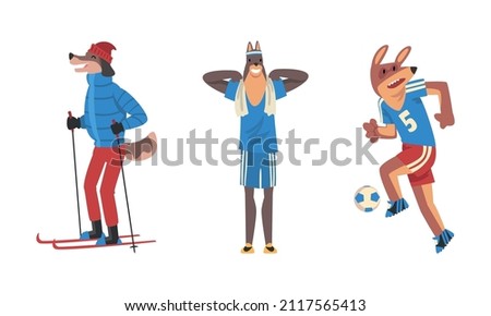 Dog Athlete in Sportswear Playing Football and Skiing Vector Set