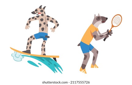 Dog Athlete in Sportswear Playing Tennis with Racket and on Surfing Board Vector Set