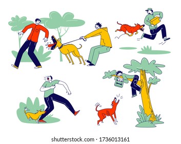 Dog Attack Concept. Aggressive Animals Biting and Barking on Male Characters. Delivery Man with Parcel in Hands Escaping of Angry Dog, Handyman Sitting on Tree. Linear People Vector Illustration