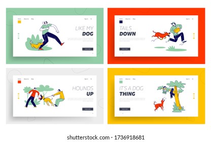 Dog Attack Landing Page Template Set. Aggressive Animals Biting and Barking on Characters. Delivery Man with Parcel Escaping of Angry Dog, Handyman Sitting on Tree. Linear People Vector Illustration