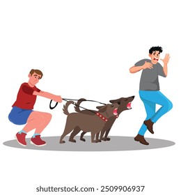 Ataque de perro, hombre asustado por perros feroces, dueño de perro trata de contener un ataque. Ilustración vectorial.