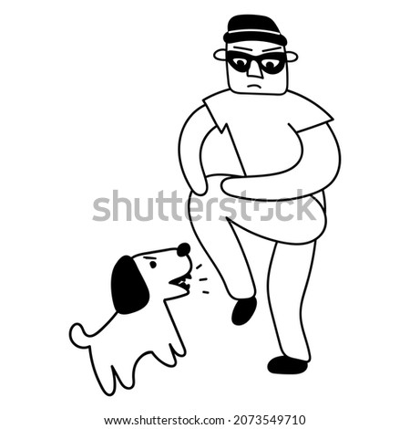 Dog attack thief. Hand drawn outline vector illustration on white background.