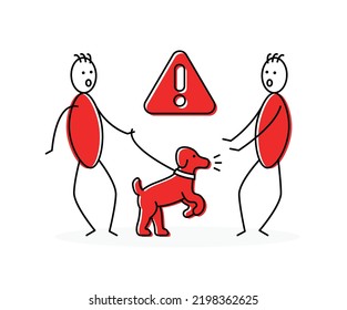 Dog attack vector. Hand drawn stick figure scared of dog isolated on white background.