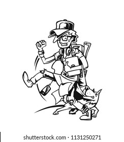 Dog attacking young scared man biting his leg, vector illustration 