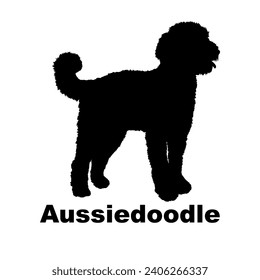 Dog Aussiedoodle silhouette Breeds Bundle Dogs on the move. Dogs in different poses. jumps, the dog runs. The dog is sitting. The dog is lying down playing
