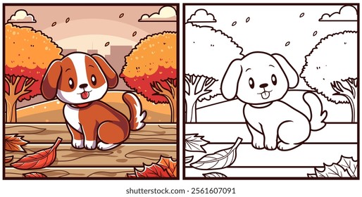 Dog with autumn season coloring page animal vector illustration