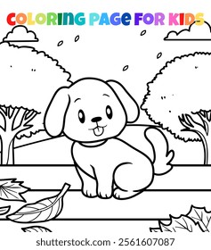 Dog with autumn season outline coloring page animal vector illustration