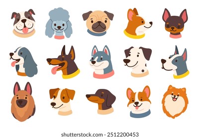 Avatares de perros. Caras de perro de dibujos animados. Varias cabezas de perrito. Lindos retratos de cachorros de diferentes razas. Perfiles amigables iconos de mascotas. Graciosos bozales. Conjunto de Vector.