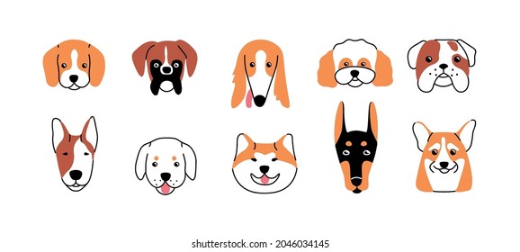 Dog avatars set. Cute funny faces and heads of doggies. Canine portraits of happy puppies with adorable snouts. Line art pups of different breeds. Flat vector illustration isolated on white background