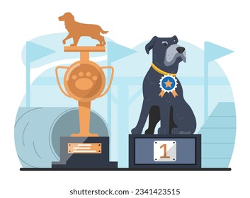 Dog with award concept. Golden statue with best puppy. Domestic animal and pet with trophy. Reward and achievement. Dog at competition and tournament. Cartoon flat vector illustration