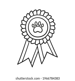 Dog Award Rosette Doodle Icon. Hand Drawn Medal With Dog Footprint As Pets Exhibition Winner Concept. Vector Sketch Illustration On White Background.