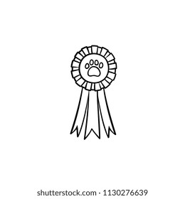 Icono de doodle dibujado a mano con rosette premio Perro. Medalla con huella de perro como concepto ganador de la exposición de mascotas. Dibujo vectorial para impresión, web, móvil e infografía sobre fondo blanco.