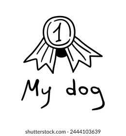 Dog award rosette hand drawn outline doodle icon. Medal with dog t as pets exhibition winner concept. Vector sketch illustration for print, web, mobile and infographics on white background.