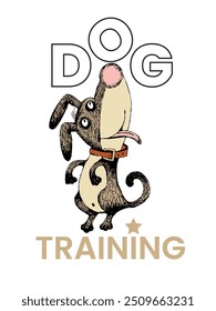 Dog back to school cartoon illustration. Dog Training Postcard.  Hand drawing. Funny picture