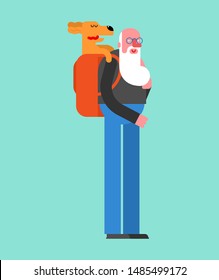 Dog in backpack old man. Grandfather and Pet vector illustration
