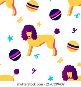 Dog and ball funky seamless vector pattern. Cute pet poodle