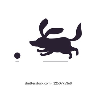 dog with ball icon flat style dark silhouette cartoon dog playing with ball on white background