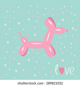 Dog balloon animal Pink hearts blue background. Love card. Flat design. Vector illustration