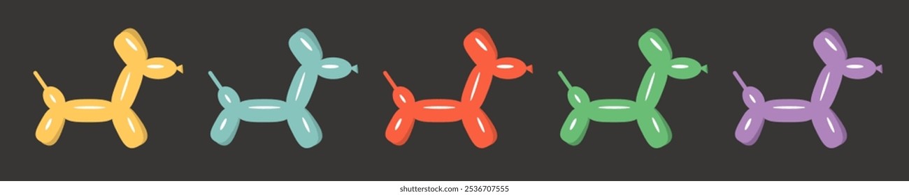 Dog balloon animal set line banner. Cute cartoon kawaii funny baby character. Colorful puppy animal toy. Sticker print. Childish style. Flat design. Isolated. Black background. Vector illustration