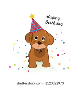 Dog with balloon and confetti. Happy birthday greeting card