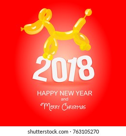 Dog is a balloon. New Year and Christmas card. The dog and its profile. Yellow background. Festive flyer. Vector image of a dog.  Flyer or banner with an animalistic theme. 2018
