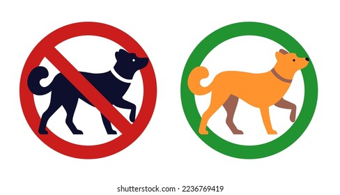 Dog ban sign. Pets prohibited circle crossed icon. Animal restricted zone. Puppies walking law regulations. Allowed or forbidden round pictograms. Attention symbols set