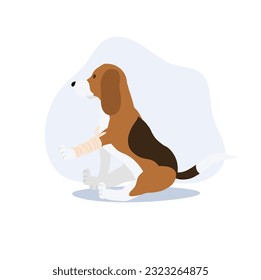 a dog with a bandage. a Dog Get Sick Hurt, Wounded.  Flat vector cartoon illustration