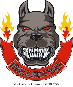 dog, banner with text hell hound and flames