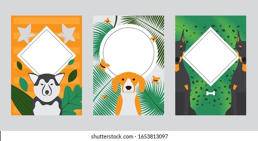 Dog banners, pet card template, animal cartoon character, vector illustration. Booklet cover, pet store brochure, cute dogs of different breeds. Set of banners for animal shelter with place for text